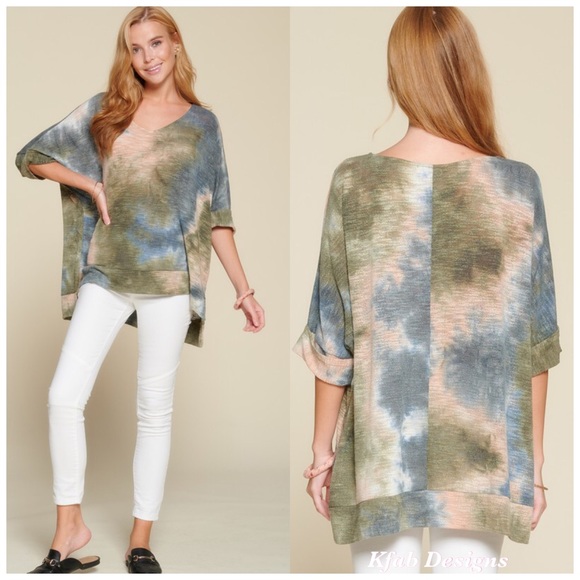❤️LAST! V Neck Tie Dye 3/4 Length Sleeve Hi Lo Top - Picture 4 of 6